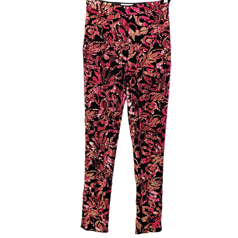 Nwot L'Atiste Sequin Floral  Black Velvet Orange,Pink Highwaist Legging/Pants